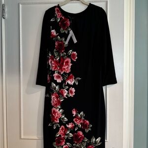 White House Black Market Black Dress with Red Floral Design